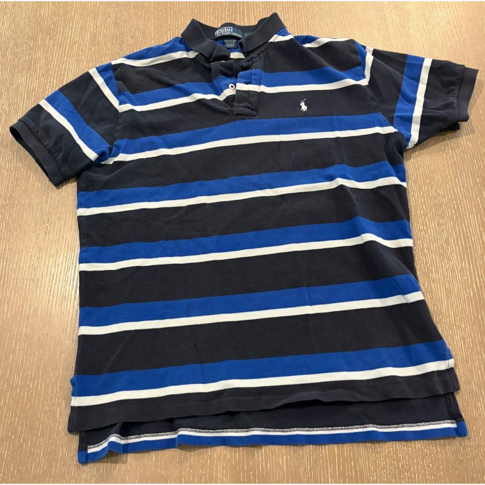 Vintage Polo Ralph Lauren Men's Large Striped Rugby Polo Shirt Blue Black 90s